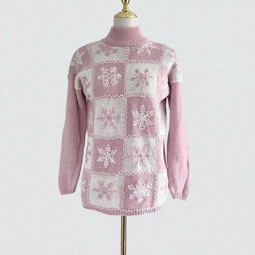 Vintage Studio Michelle Stuart Pink White Patchwork Snowflake Sweater sz S